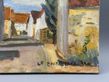 an oil painting of a street with a tree in the middle of it