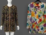 two mannequins dressed in different colors and patterns on a gray background