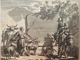 a drawing of a man riding a horse with a herd of cattle