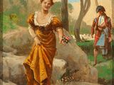 an image of a painting of a woman walking down a path