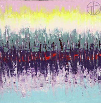 peinture représentant un paysage coloré avec des arbres et de l'eau
