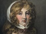 a painting of a woman in a brown dress with a white headband