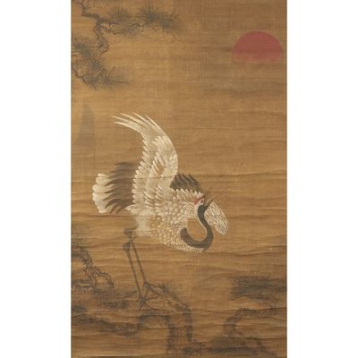 an image of a painting of a crane flying over a river