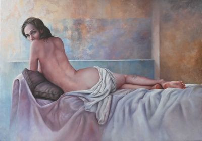 une peinture représentant une femme nue allongée sur un lit