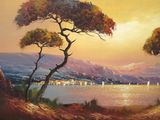 a painting of a view of a lake and mountains