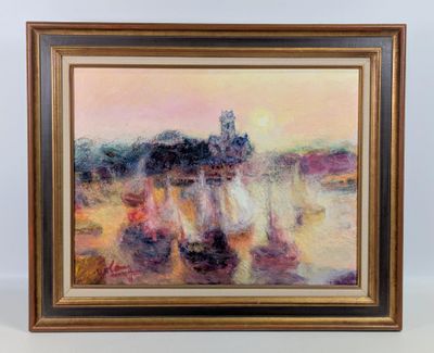 une peinture représentant une peinture représentant un paysage, dans un cadre doré