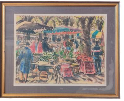 an image of a painting of people at a market with umbrellas