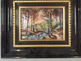 painting of a stream in a wooded area with trees in the background