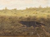 a painting of a dog and a duck in a field