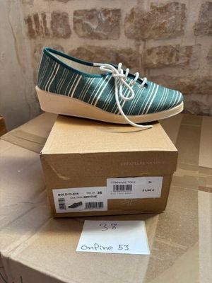 pair of blue and white shoes sitting on top of a cardboard box