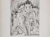 an image of a drawing of a woman in front of a house