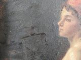 a painting of a woman with a red hat on