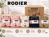 rodier bedding comforter in various colors and sizes on a table