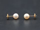 a pair of pearl stud earrings on a black surface
