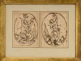 two framed drawings of a man and a woman in a landscape