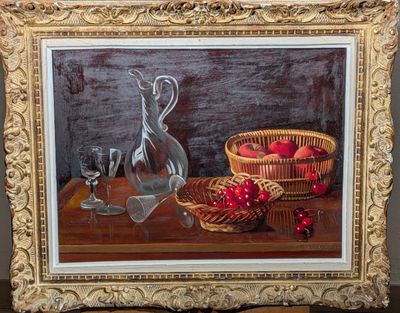une peinture représentant une nature morte avec des fruits et un verre