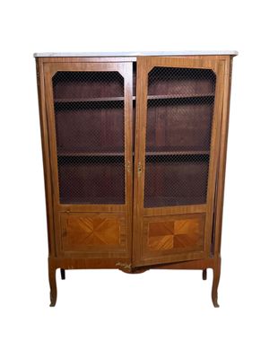 an image of a wooden cabinet with glass doors