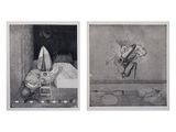 deux dessins en noir et blanc représentant un homme et une femme assis sur un banc
