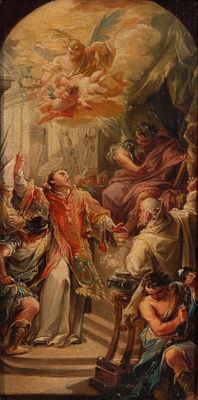 an image of a painting of a man standing in front of a group of people