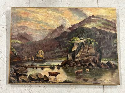 École moderne Paysage de Montagne avec des vaches