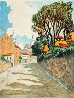dessin représentant une rue avec des maisons et des arbres en arrière-plan