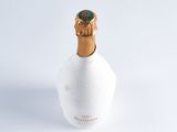 bottle of champagne on a white background with a green top