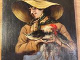 une peinture à l'huile représentant une femme tenant un oiseau et portant un chapeau