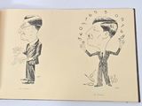 drawing of a book with a drawing of a man and a man in a suit