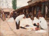 un tableau représentant un groupe de personnes à l'extérieur d'un marché