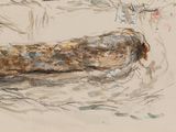 drawing of a dog laying on the ground next to a vase of flowers