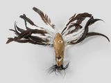 the head of a deer with feathers on it ' s head