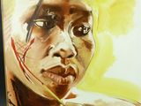 tableau représentant une femme avec du sang sur le visage et un bandage autour du cou