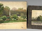 deux tableaux représentant un jardin avec des arbres et des buissons, accrochés au mur