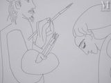 drawing of a man and a woman sitting on a chair with a knife in their hand