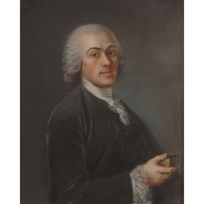 un tableau représentant un homme vêtu d'un manteau noir tenant une pièce d'or