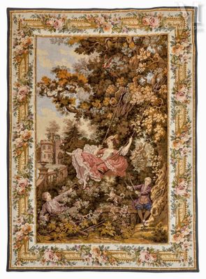 une tapisserie représentant une femme sur une balançoire suspendue à un arbre