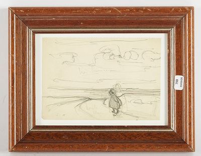 dessin représentant une personne se promenant sur une plage avec un chien