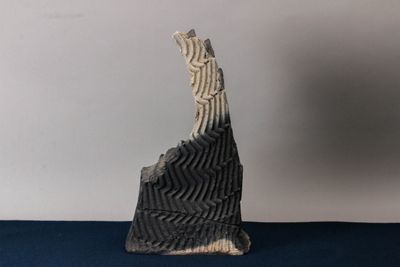 une sculpture en noir et blanc représentant un oiseau sur un fond bleu