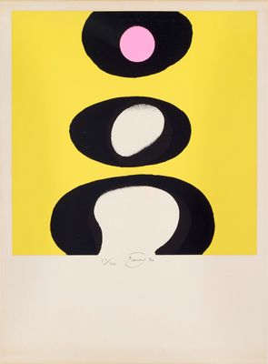 an image of a black and yellow print with a pink dot on it