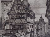 un dessin représentant une rue avec une tour horloge en arrière-plan