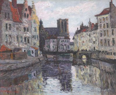 painting of a canal in a city with buildings and a clock tower in the background