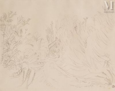 drawing of a mountain landscape with a river and trees in the foreground