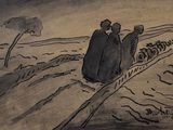 drawing of three people in a field with a tree in the background