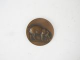 a bronze coin with a horse on it on a white surface