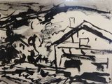 un dessin en noir et blanc représentant une grange dans un champ