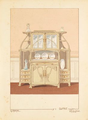 un vieux dessin représentant un meuble surmonté d'un miroir