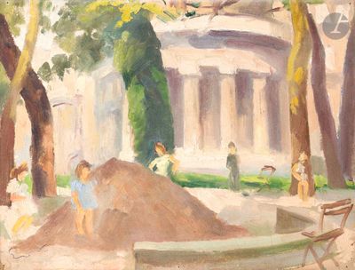 a painting of a group of people playing in a park