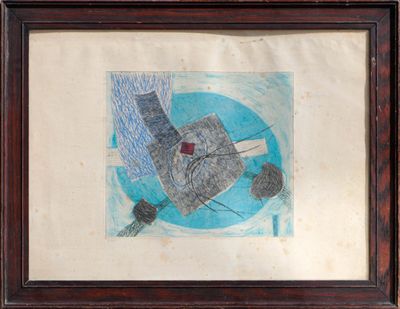 dessin encadré représentant une peinture abstraite bleue et blanche, avec un cadre en bois