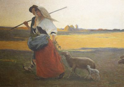 un tableau représentant une femme armée d'une épée dans un champ parsemé de moutons