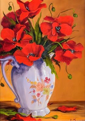 un tableau représentant un vase contenant des fleurs rouges